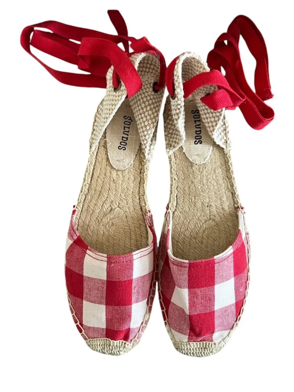 Soludos Red & White Gingham Lace Ankle Espadrilles Size 11